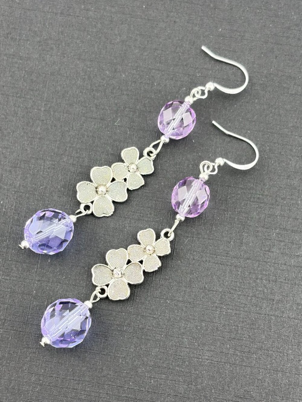 Lavender Czech Glass Silver Flower Handmade Long Dangle Earrings LR245